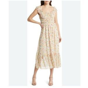 Floret Studios Maxi Dress XL Pink Cream Tan Emma Floral Cap Sleeve Dainty Ruched